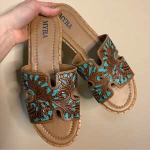 Women's Myra Hand Tooled Leather Turquoise and Brown Sandals Slides Size 11